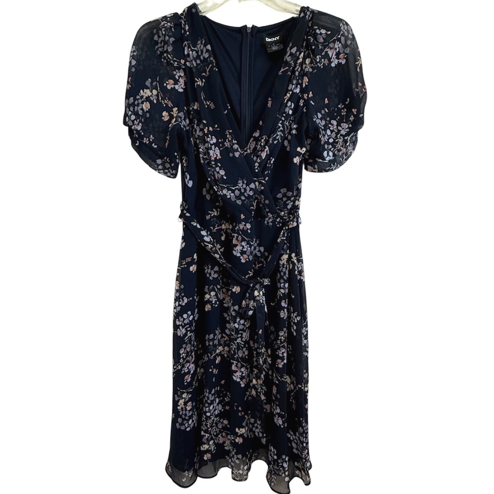 DKNY Womens Navy Blue Floral Faux Wrap Puff Sleeve Belted Chiffon Dress Size 6